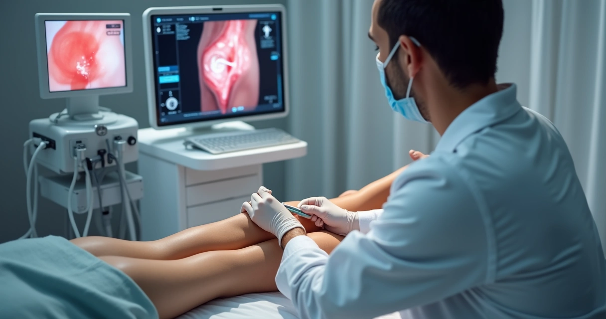 Médico realizando endolaser em perna de paciente em clínica moderna 