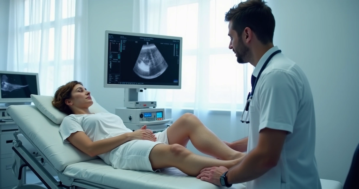 Médico aplica laser em perna de paciente em clínica moderna, mostrando equipamento de ultrassom 
