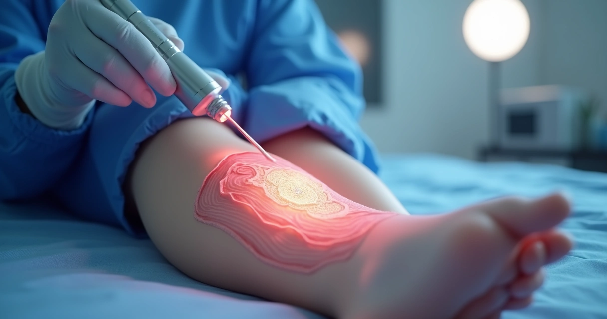 Médico realizando tratamento vascular em veia com fibra de laser, guiado por ultrassom, em consultório moderno 