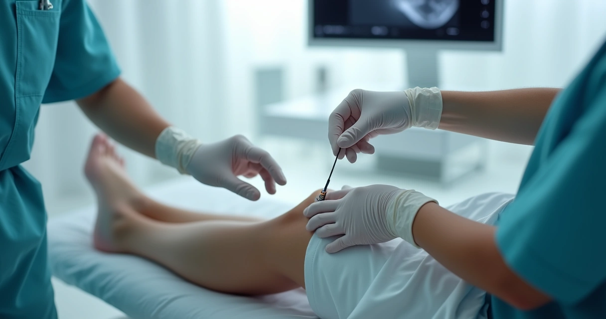 Detalhe de procedimento de endolaser na perna de paciente com ultrassom ao fundo 