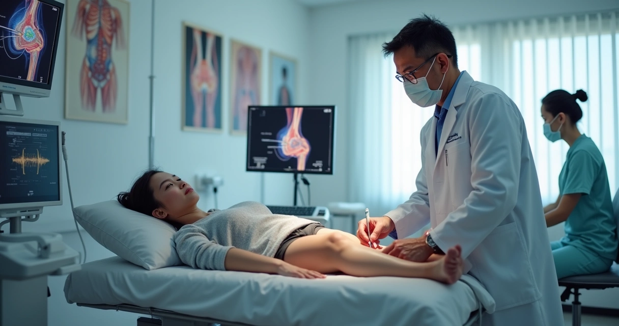 Médico aplicando endolaser em perna de paciente em consultório 