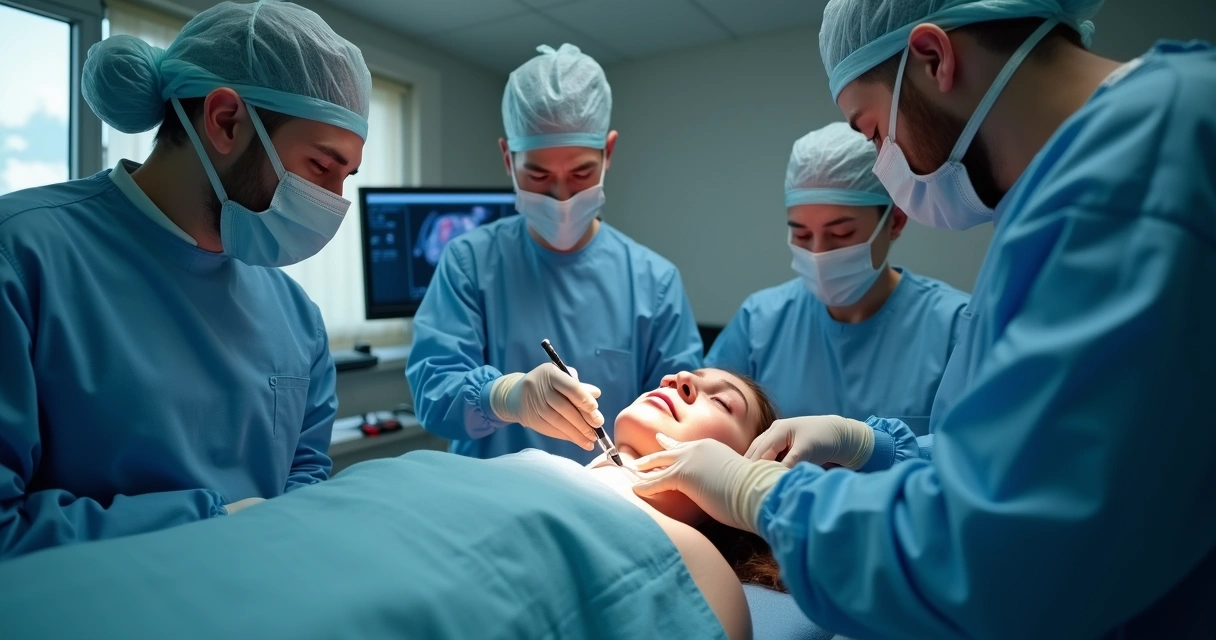 Equipe médica realizando tratamento endovascular pélvico 