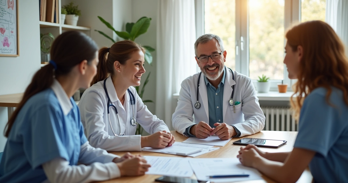 Equipe multidisciplinar de saúde reunida em atendimento a paciente 