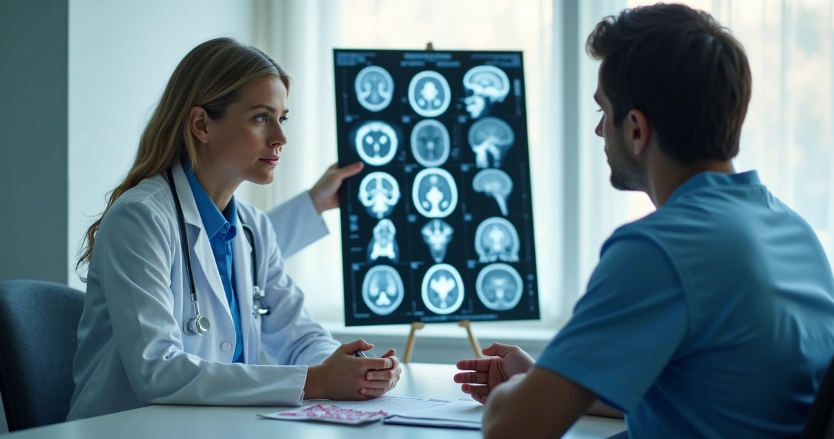 Consulta médica com neurologista analisando imagens de ressonância do cérebro