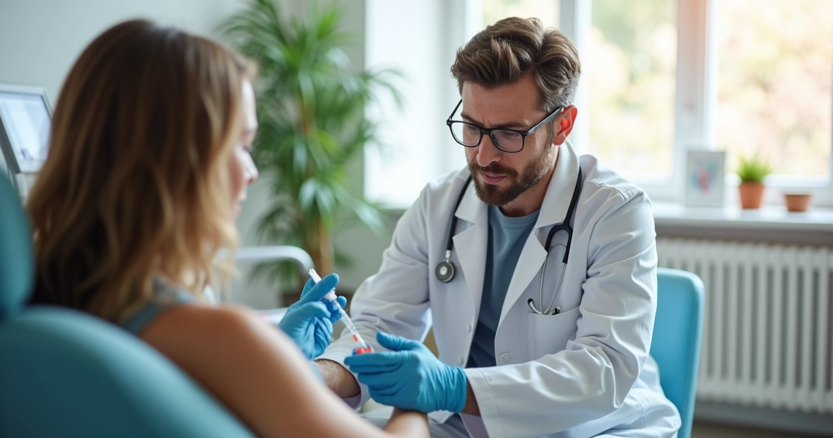 Profissional de saúde aplica medicamento em paciente para esclerose múltipla 