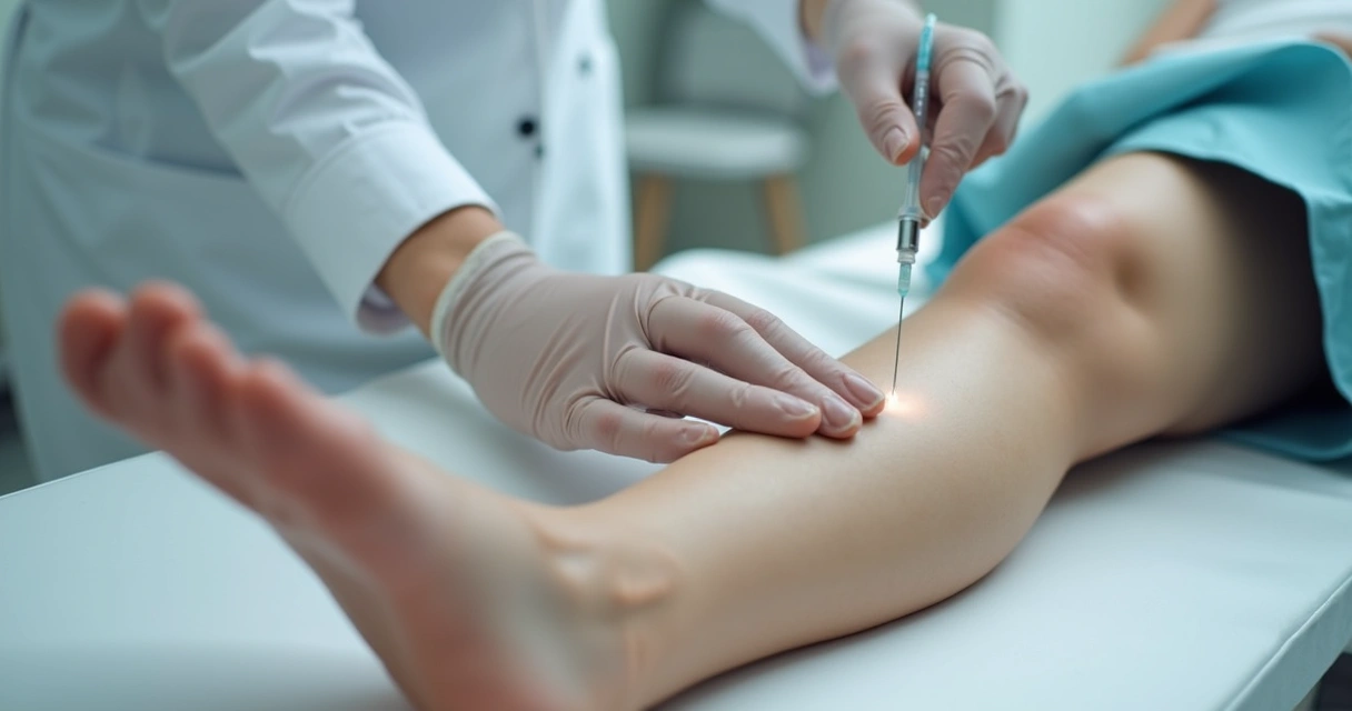 Médico realizando escleroterapia em perna de paciente