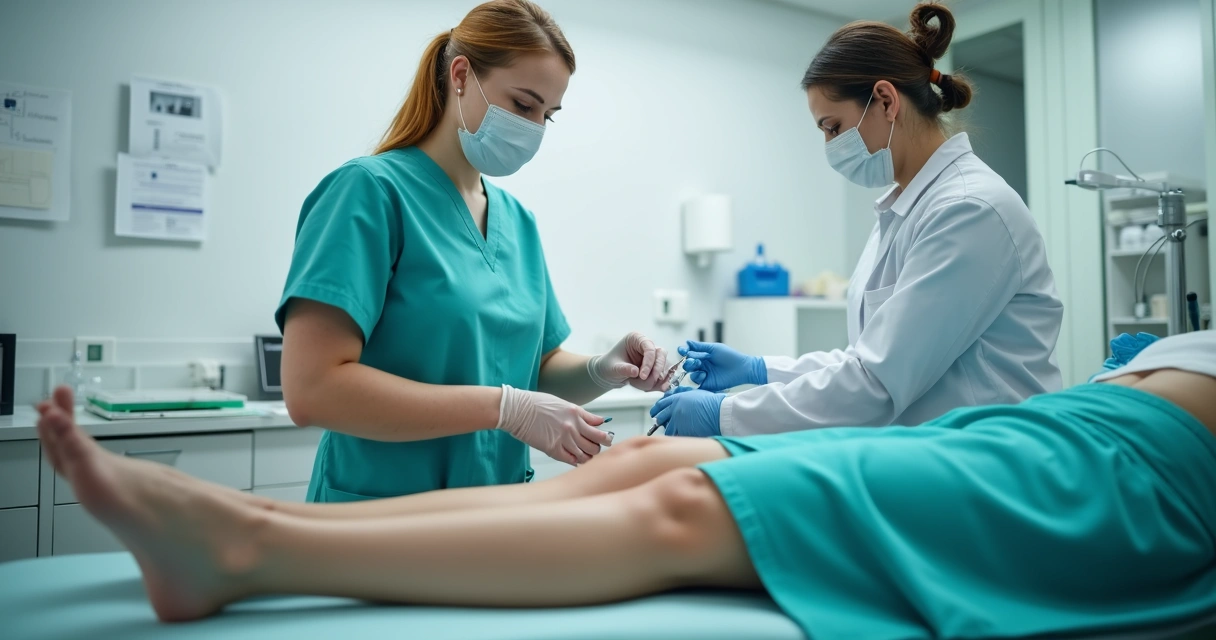 Detalhe de profissionais aplicando escleroterapia nas pernas de uma paciente sentada em consultório clínico 