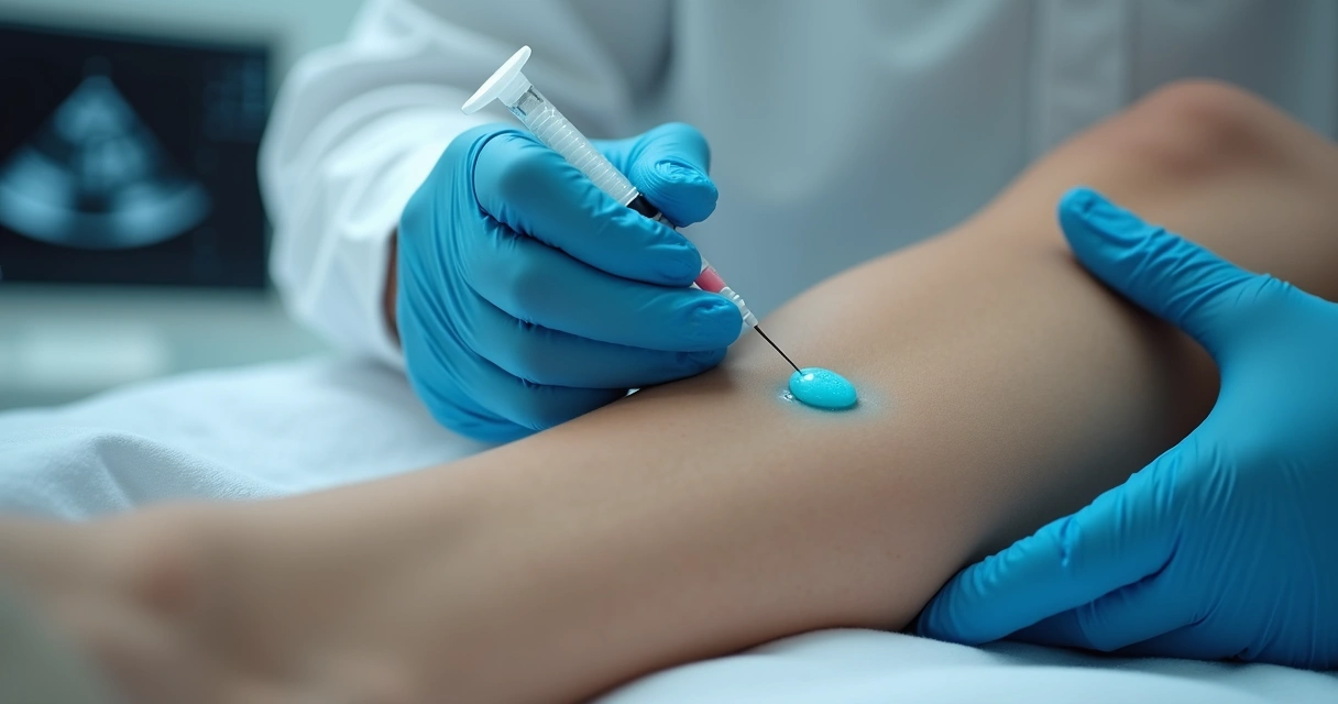 Aplicação de espuma ecoguiada em veia na perna de paciente durante tratamento vascular
