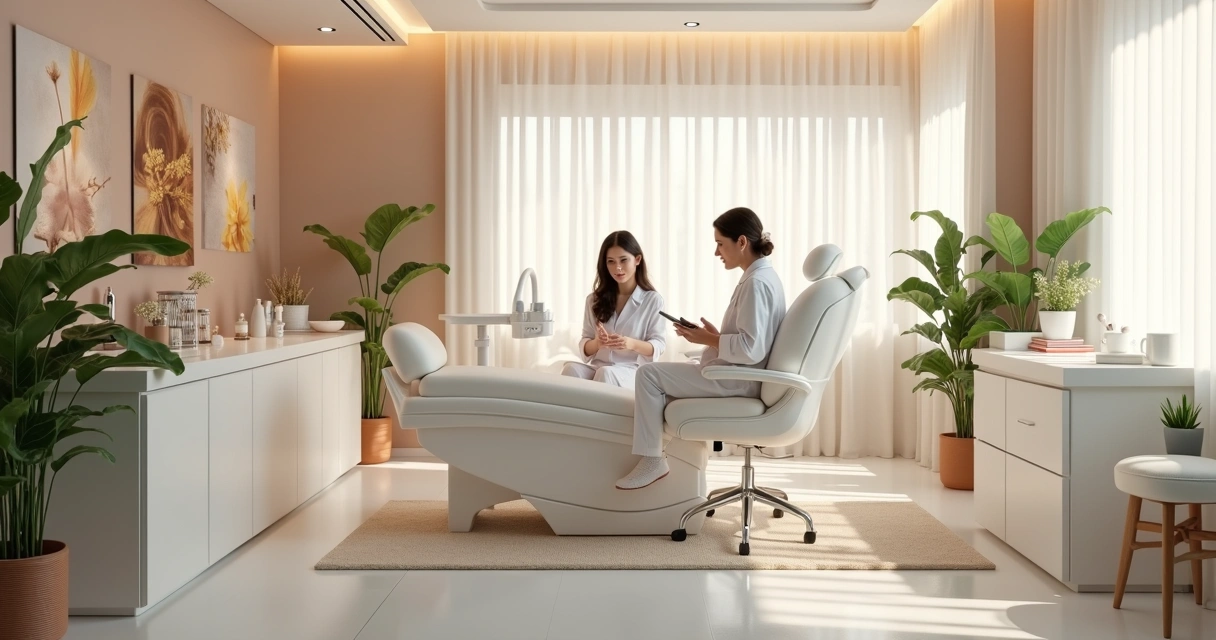Sala de clínica com atendimento estético e equipamentos modernos 