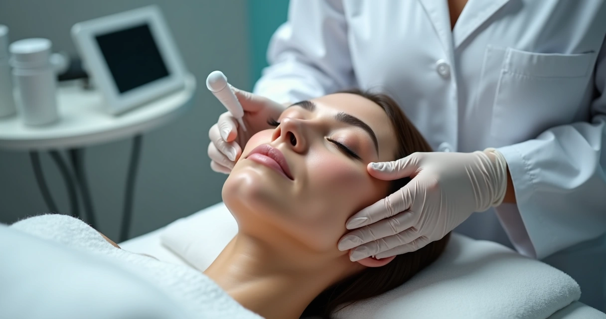 Profissional de saúde aplicando tratamento facial com exossomos em paciente 
