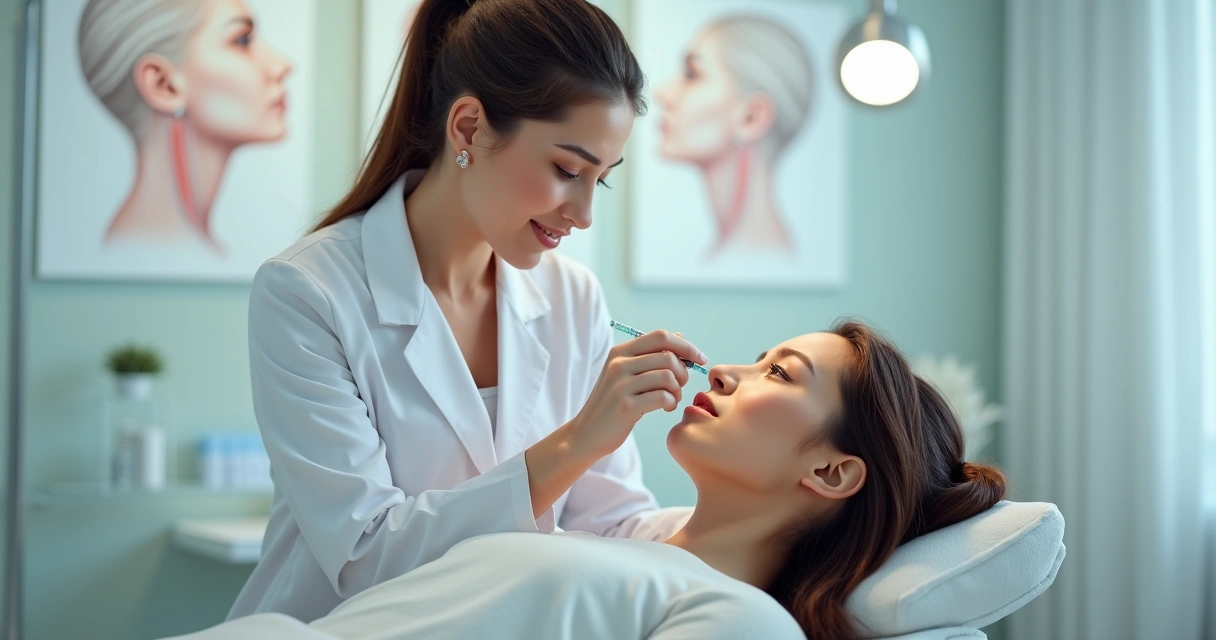 Médica aplicando procedimento facial em paciente numa clínica moderna 