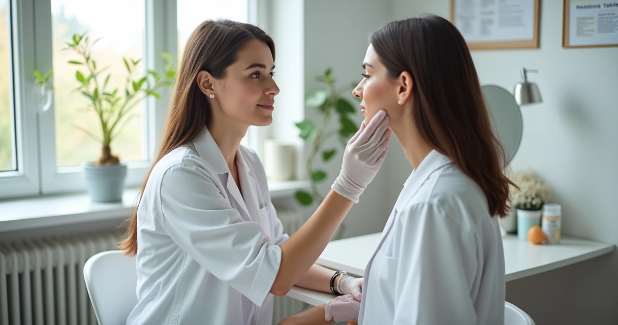 Paciente recebendo avaliação facial em consultório médico 