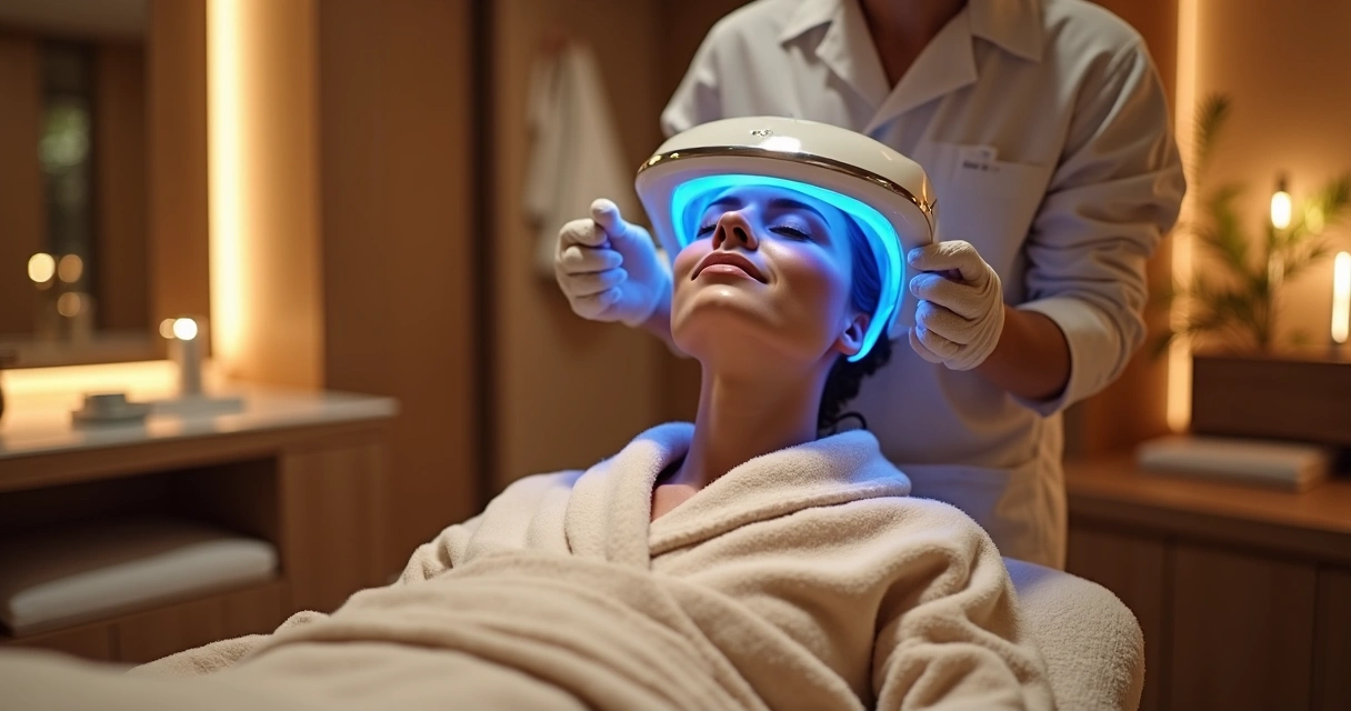 Tratamento facial tecnológico com luz azul em spa silencioso e luxuoso 