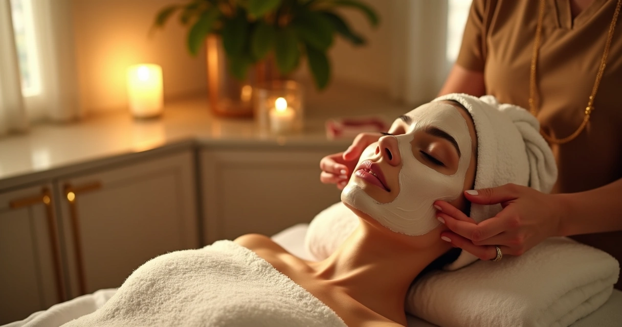 Mulher recebendo tratamento facial relaxante em spa luxuoso 