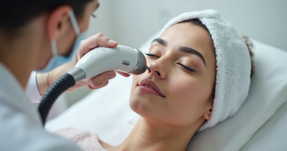 Profissional aplicando aparelho de laser CO2 em rosto de mulher com pele saudável 