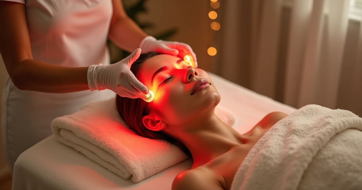 Tratamento facial com máscara LED em ambiente sofisticado de spa