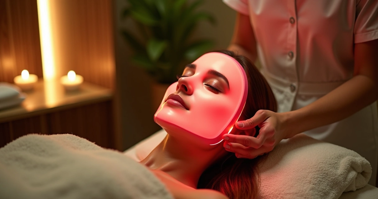 Procedimento facial moderno em spa com iluminação dourada e equipamento high tech 