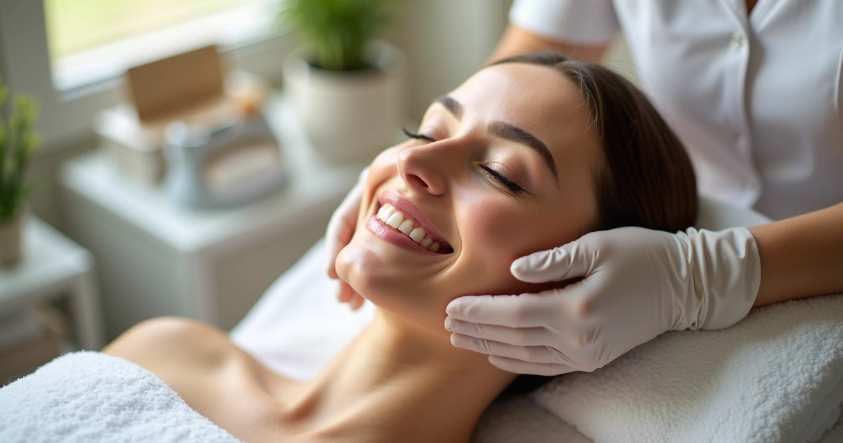 Mulher recebe tratamento facial relaxante com profissional usando luvas brancas 
