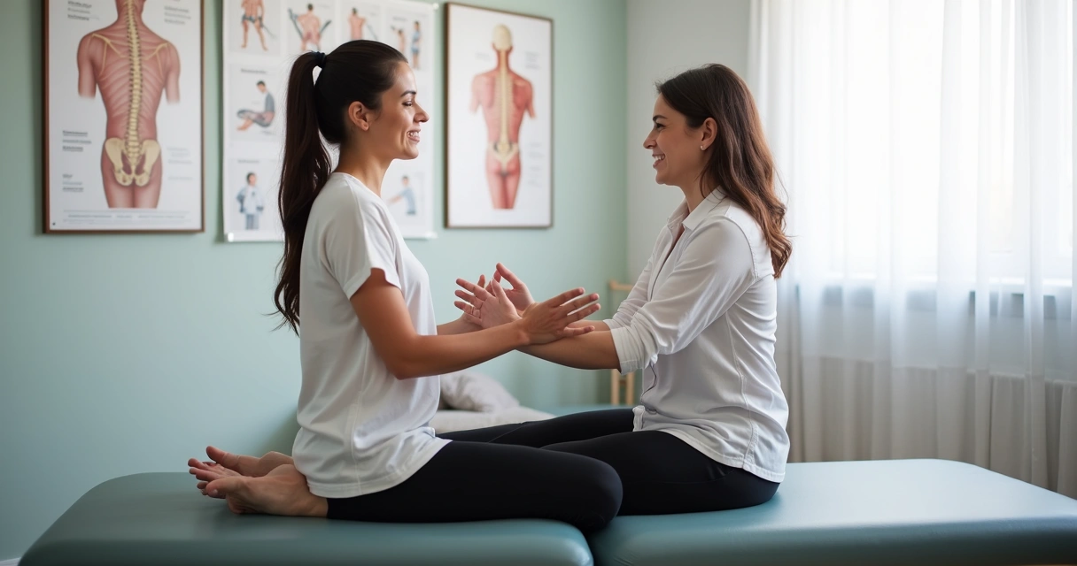 Fisioterapeuta orientando paciente em exercício para alívio da dor no cóccix 