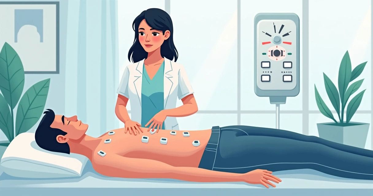 Pessoa recebendo eletrodos de corrente elétrica nos braços para fortalecimento muscular em clínica de estética 