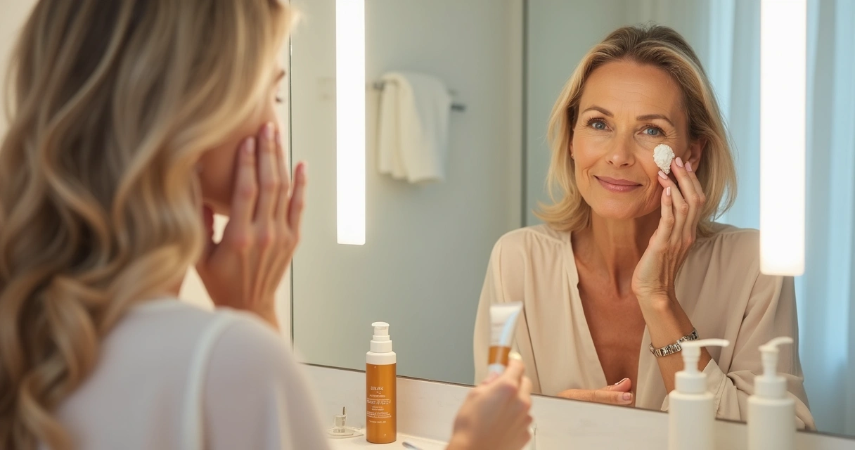 Mulher aplicando creme no rosto de noite 