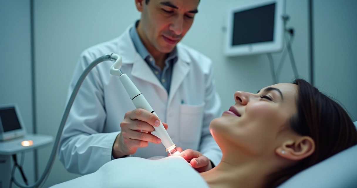 Dermatologista utilizando aparelho de laser durante tratamento de hiperidrose em paciente nas axilas 