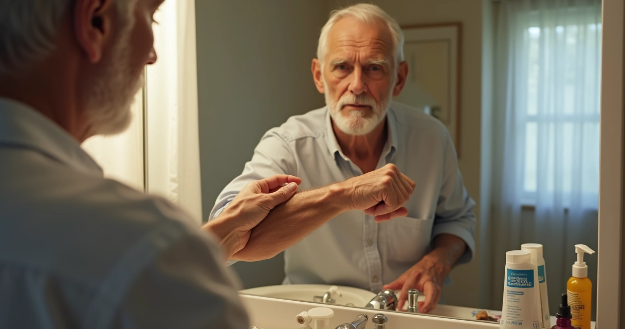 Homem idoso aplicando gel de testosterona no braço 