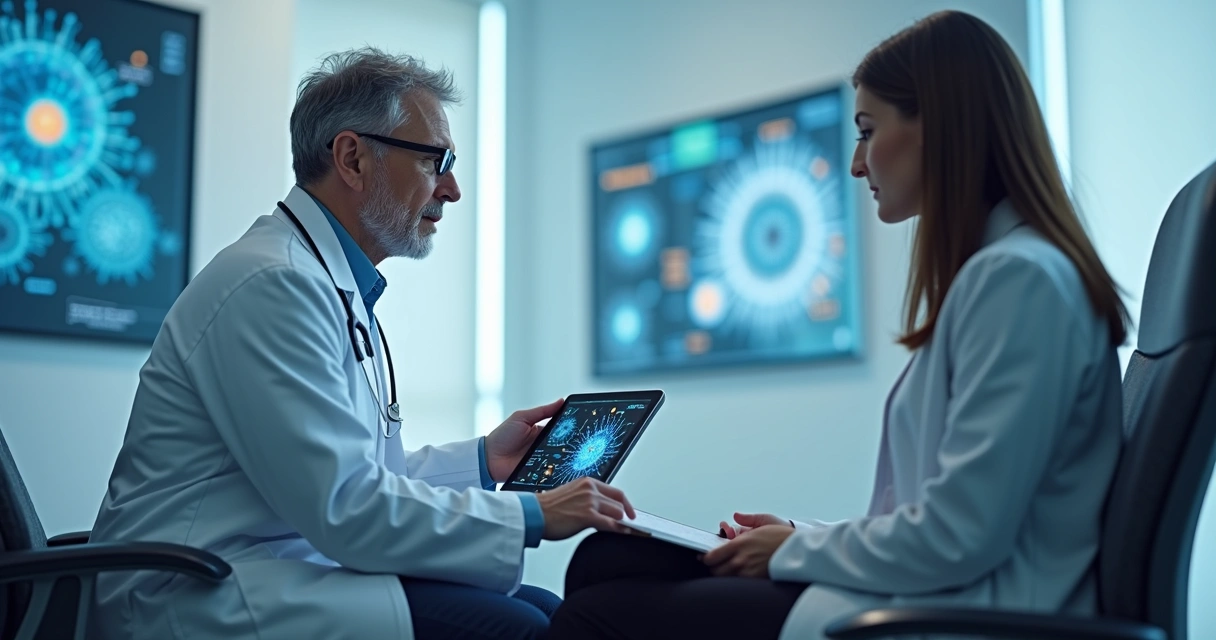 Médico explicando o funcionamento da imunoterapia no tratamento do câncer para paciente em consulta 