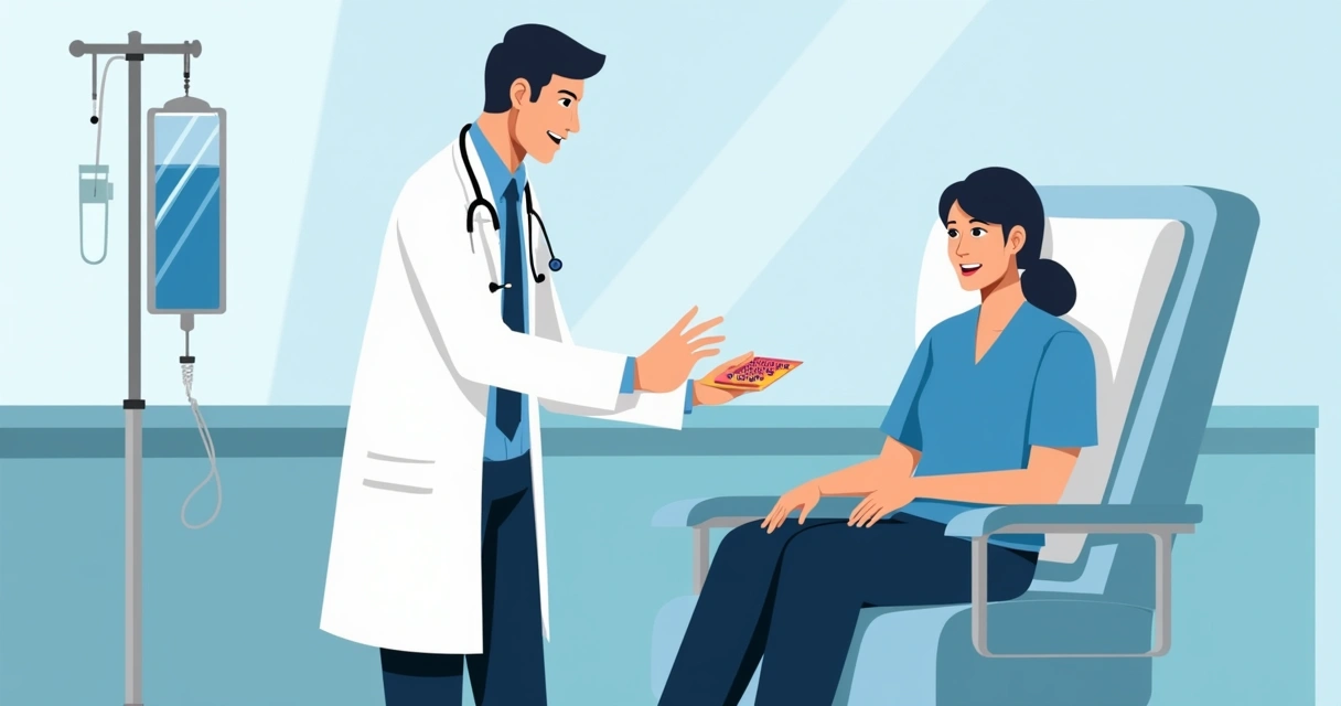 Transição para terapia oral em infecções por gram-positivos 1 Médico oferecendo comprimidos a um paciente sentado em uma cadeira de hospital