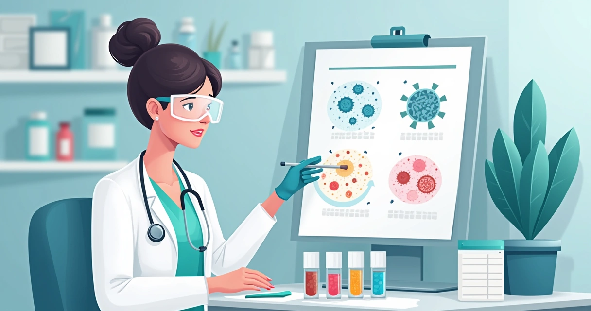 Reconhecimento e manejo das infecções por Aerococcus urinae 3 Profissional de saúde analisando antibióticos ao lado de amostras microbiológicas