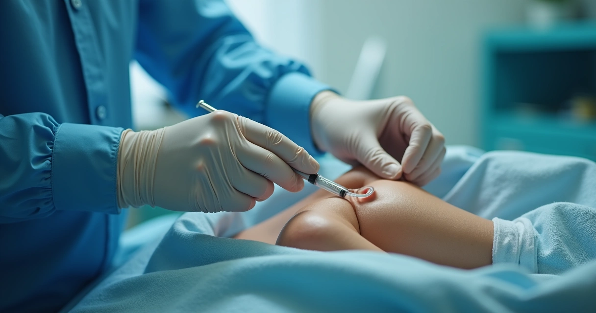 Profissional aplicando injeção intracavernosa em consultório 