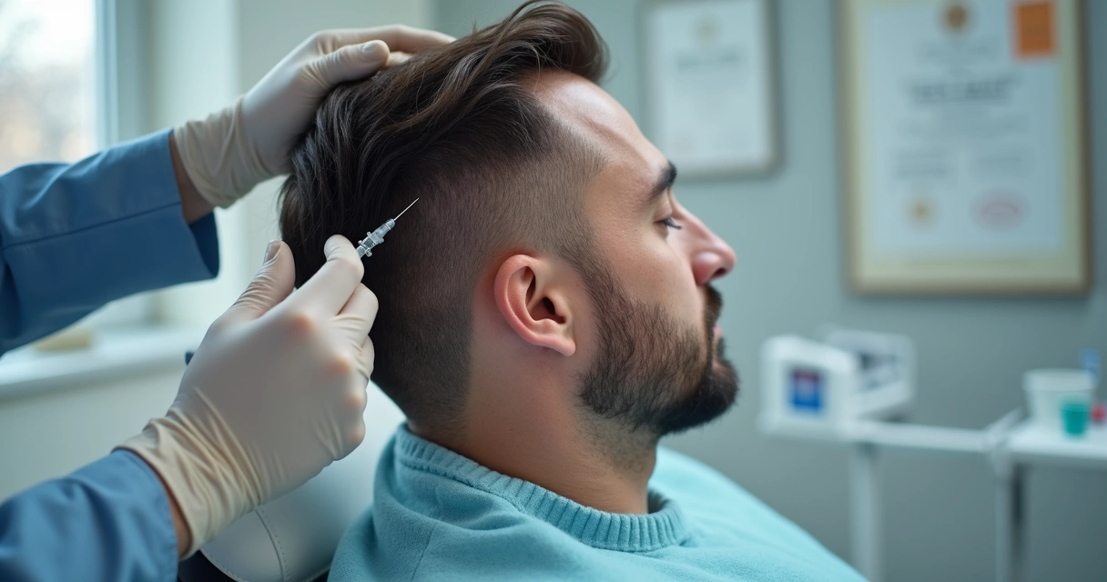 Médico aplicando injeção no couro cabeludo de um paciente em consultório dermatológico 
