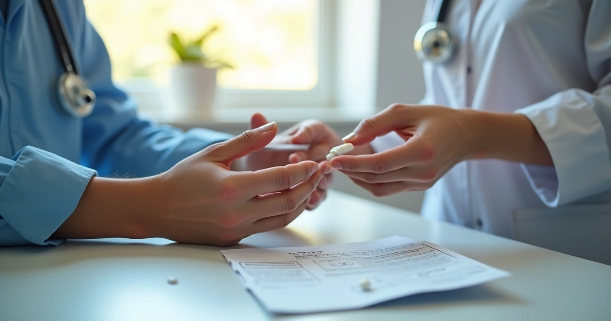 Pessoa tomando antibiótico em consultório médico