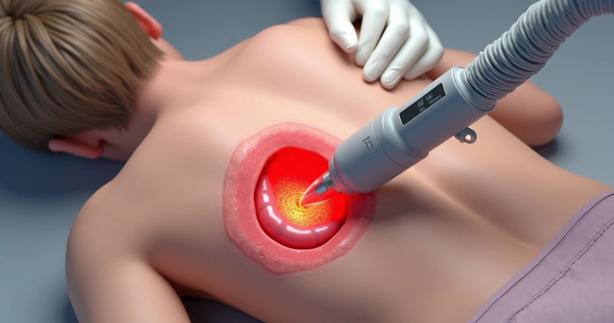 Aplicação de laser em cisto pilonidal com detalhe para fibra e pele 