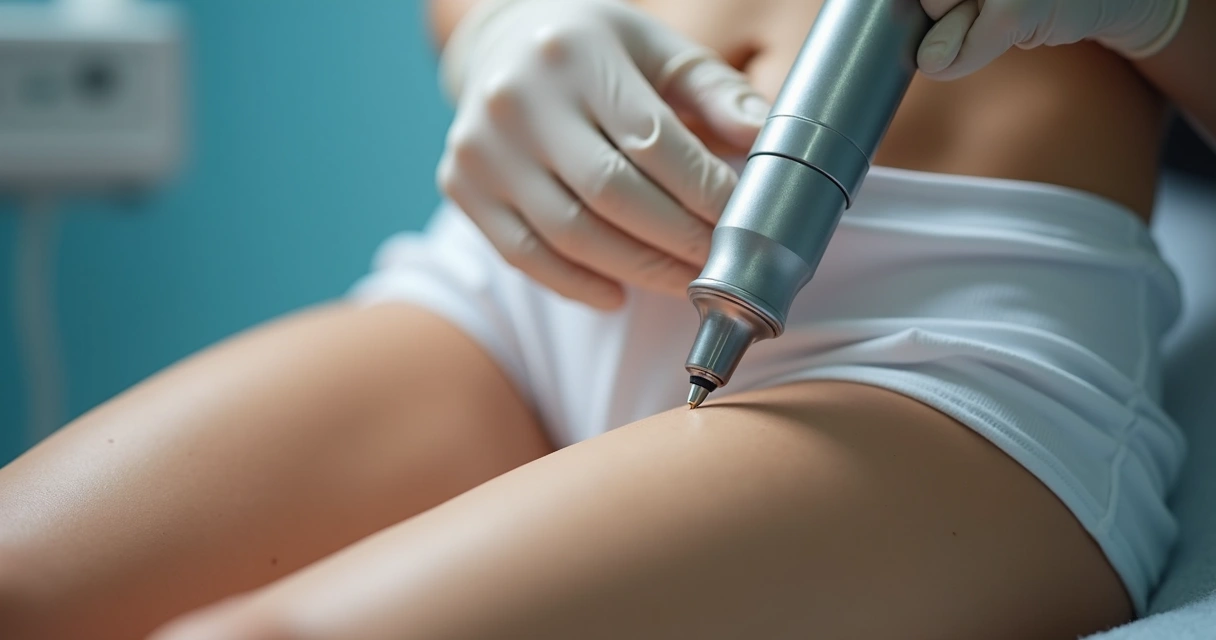 Aplicação de laser de CO2 em coxa feminina para tratar celulite. 