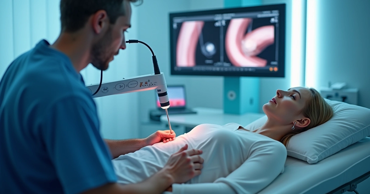 Técnico aplica laser endovenoso guiado por ultrassom em sala de tratamento vascular