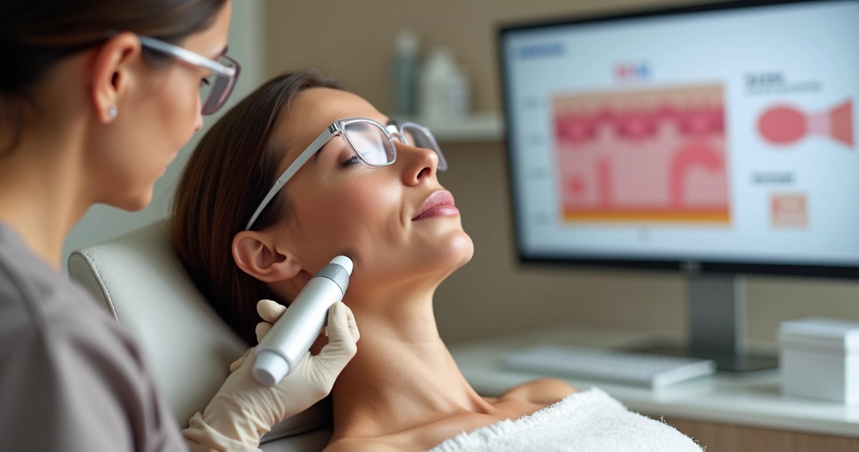 Dermatologista aplica laser delicado no rosto de paciente com melasma em clínica moderna 