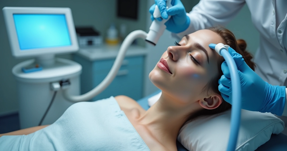 Aplicação de laser de CO2 no rosto em close em consultório dermatológico 