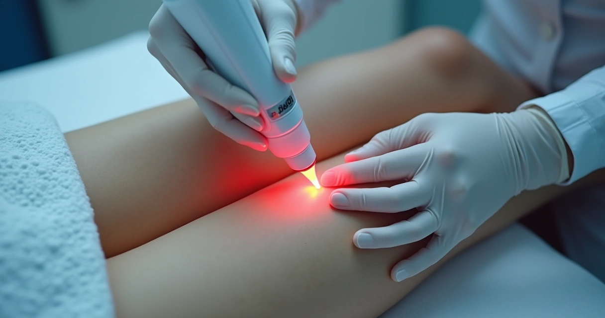 Aplicação de laser em pernas para tratamento de vasinhos 