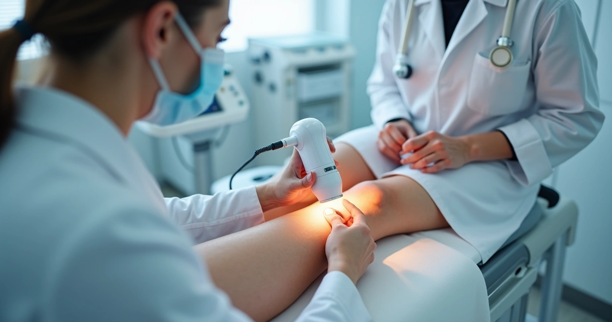 Procedimento de laser nas pernas com profissional aplicando luz em vasinhos 