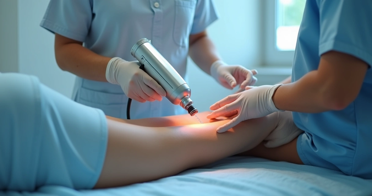 Aplicação de laser moderno nas pernas para vasinhos e varizes 