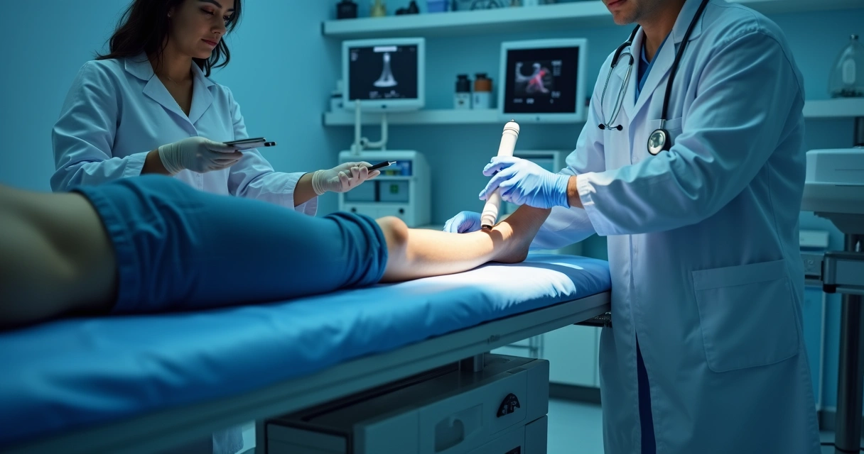 Aplicação de laser endovenoso em perna com varizes 