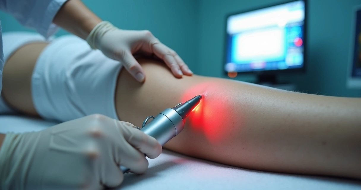 Procedimento moderno de laser em perna com varizes em ambiente clínico 
