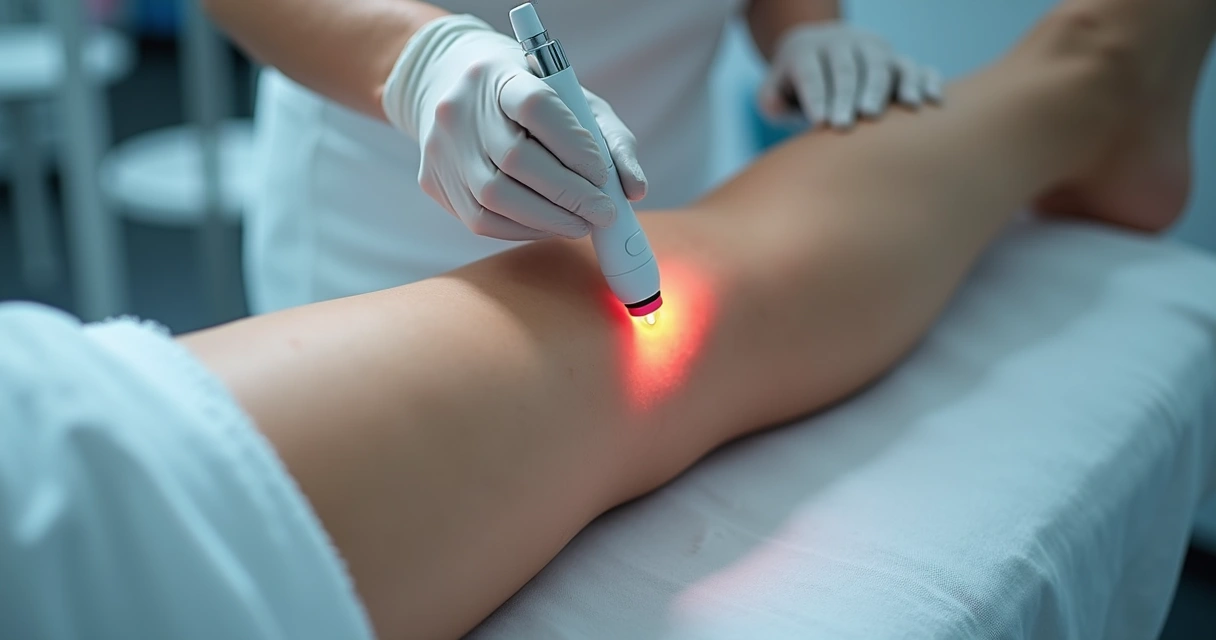Profissional aplicando laser nos vasinhos das pernas de uma mulher 