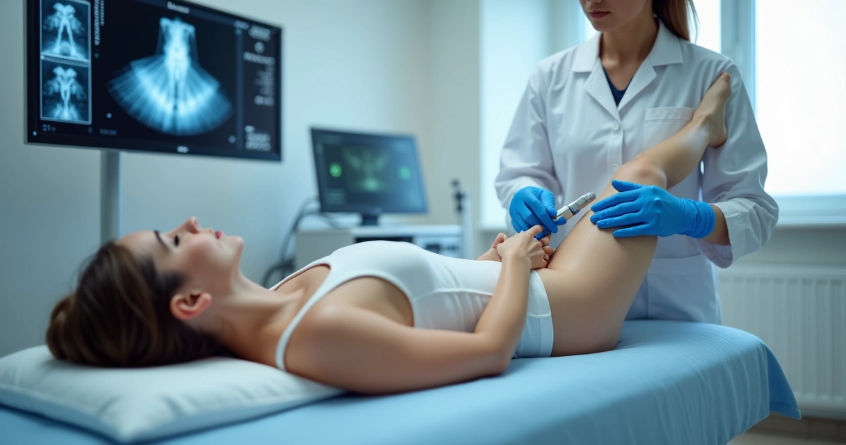 Médico aplica laser em perna feminina para tratamento de varizes, ambiente clínico limpo 