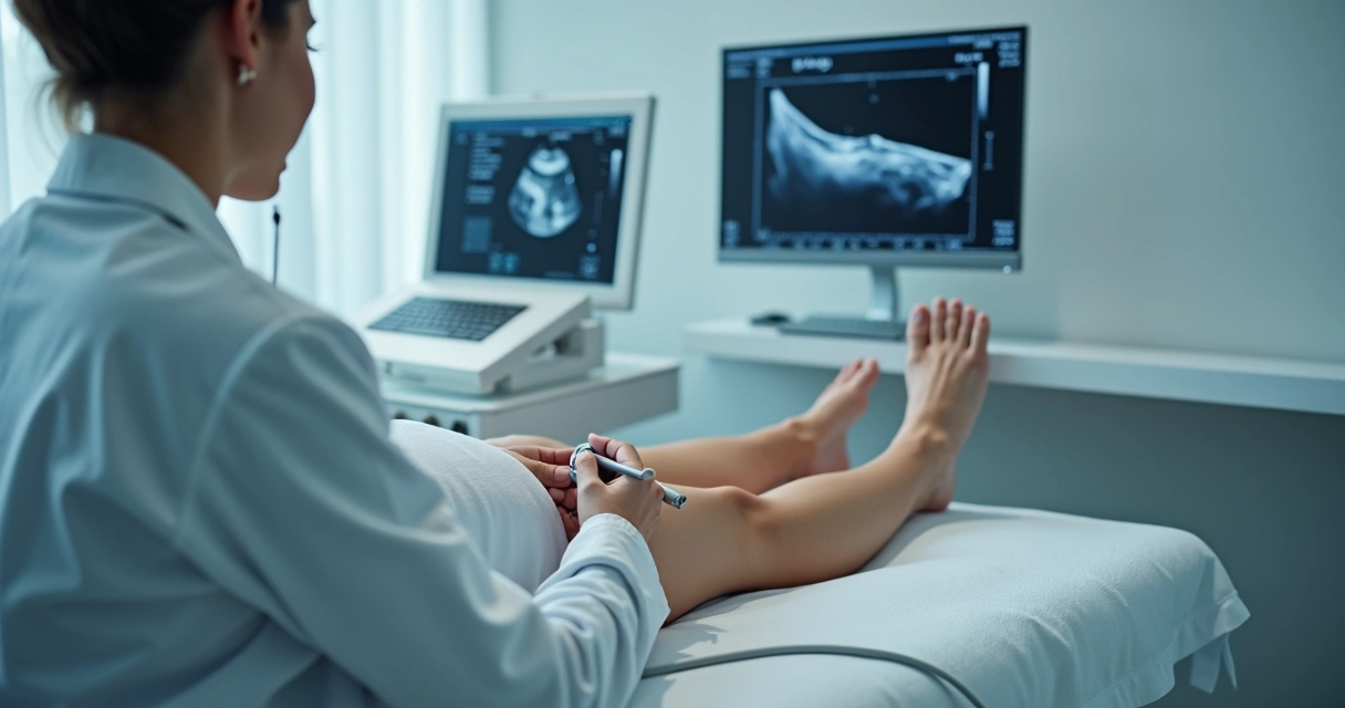 Médico realiza ultrassom em perna para tratamento de varizes 