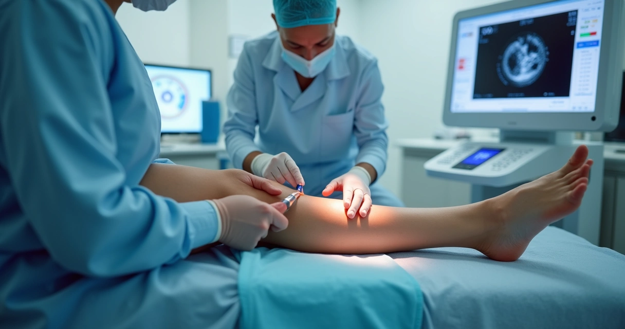 Procedimento vascular com ultrassom e laser em perna 