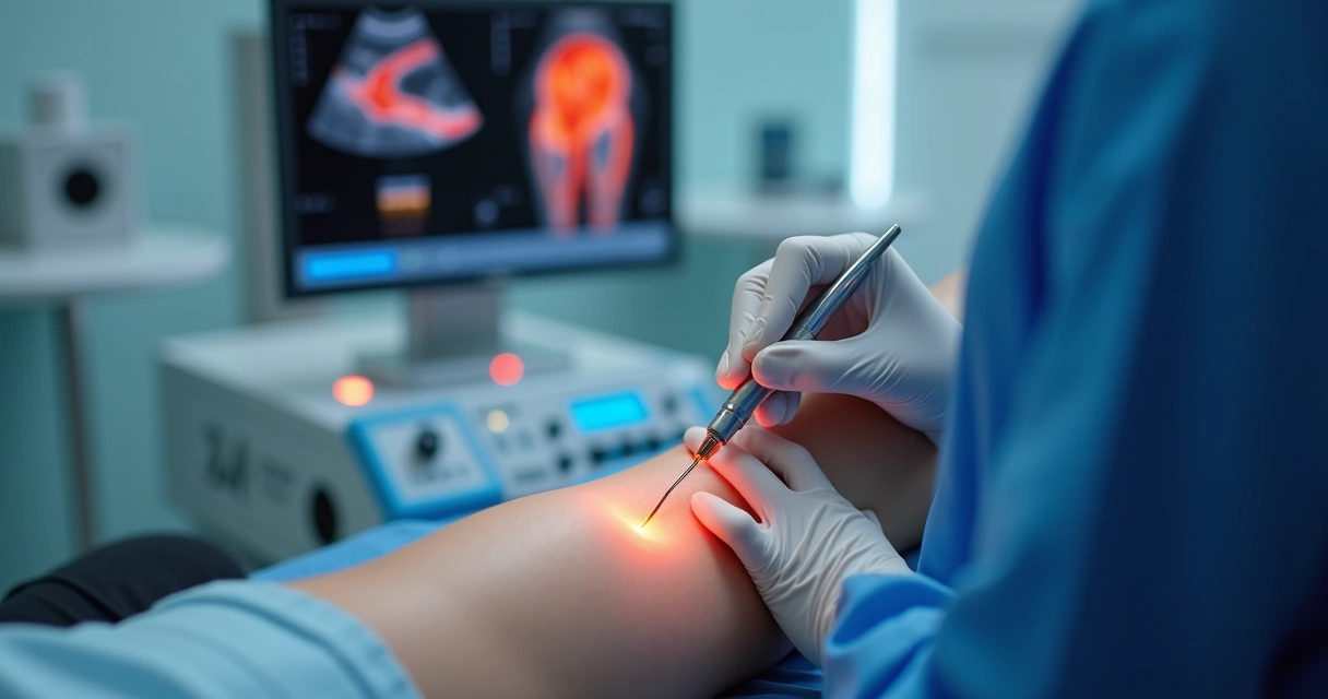 Laser sendo utilizado em veia da perna durante tratamento vascular