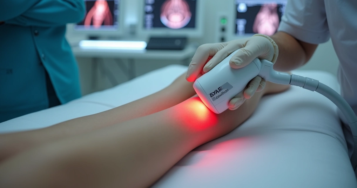 Profissional aplicando endolaser em veia aparente de perna em clínica moderna 