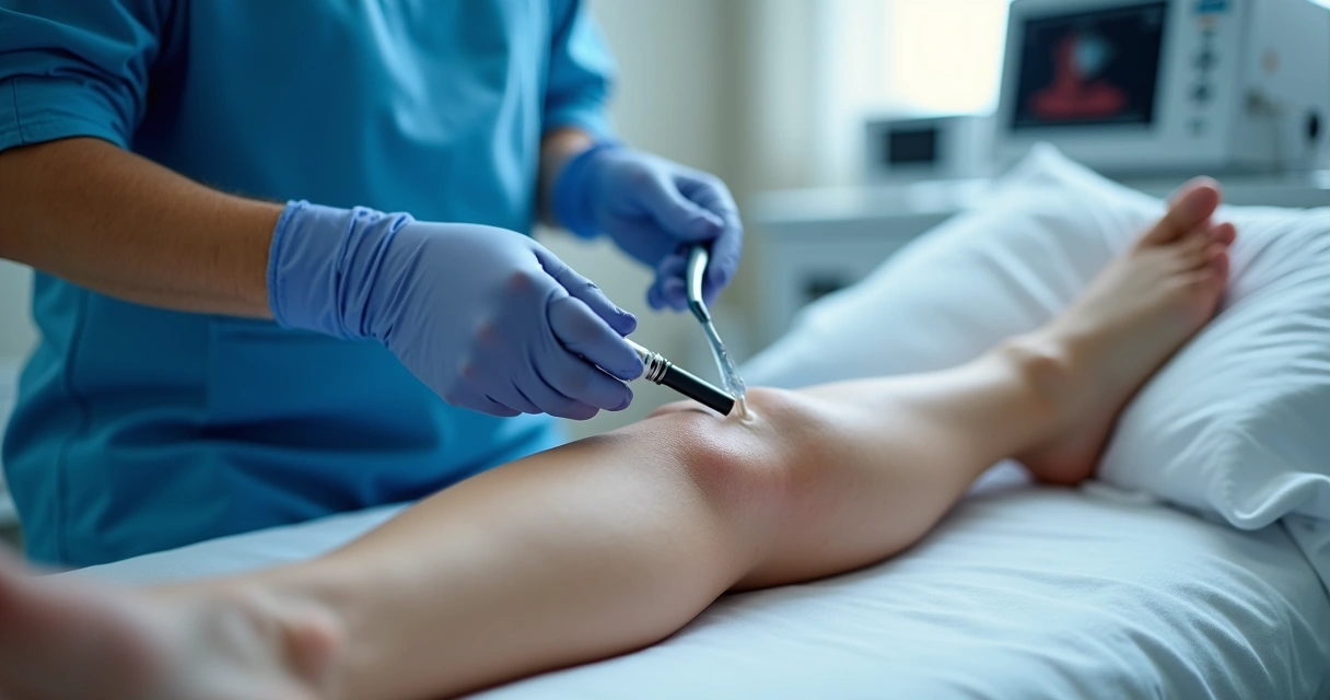 Aplicação de laser endovenoso em pernas com varizes, profissionais médicos presentes 